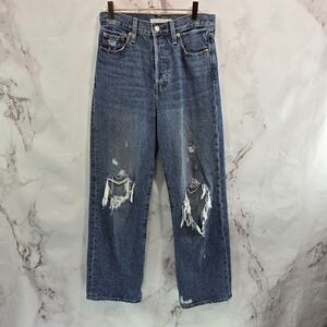 Levis Premium Jeans Women 26 Ribcage Straight Ankle Ripped Hole Button High Rise